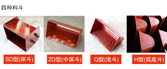 四种料斗Q型(浅斗)、H型(弧底斗)、ZD型(中深斗)SD型(深斗)展示图